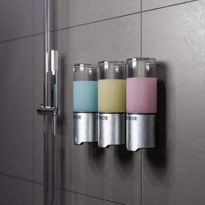 Triple Troop touchless dispenser in shower for soap, shampoo and conditioner